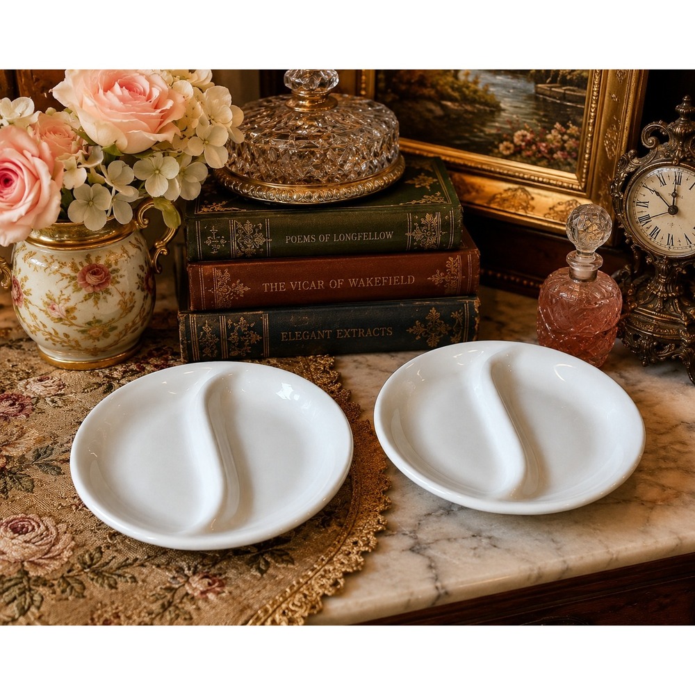 BIA Cordon Bleu White Porcelain Divided Dipping Bowls Set of 2 S-Curve Dishes